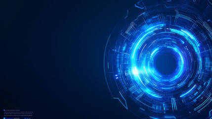 Poster - Abstract futuristic blue background featuring glowing digital technology and circuit board design. High-tech circular hologram elements on a dark blue background, perfect for business, innovation, and