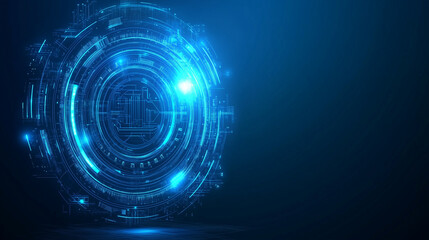 Poster - Abstract futuristic blue background featuring glowing digital technology and circuit board design. High-tech circular hologram elements on a dark blue background, perfect for business, innovation, and