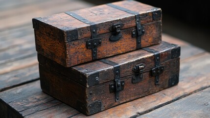 Wall Mural - Two wooden trunks placed on a rustic wooden table in a natural light setting