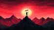 © chomphet - A silhouetted figure stands triumphantly atop a mountain, holding a flag against a dramatic red sunset backdrop.