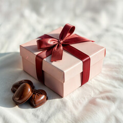 An elegant gift box tied with a satin ribbon, placed next to heart-shaped chocolates. A bright surface with soft, diffused light highlighting the textures.
