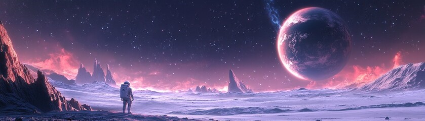 Wall Mural - astronaut exploring an alien landscape distant planet digital art cosmic environment wide angle view