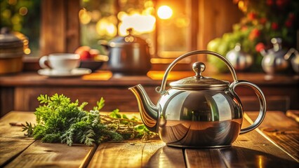 Wall Mural - Elegant Steel Teapot in Rustic Kitchen with Bokeh Background - Stock Photo