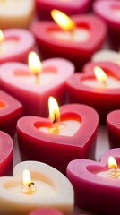 Canvas Print - Close-up of many burning heart-shaped candles in pink and white.