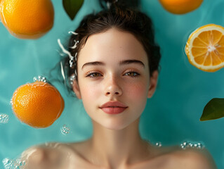 Wall Mural - Young woman relaxing in water with citrus fruits