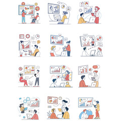 set business flat vector illustration design style concept. for graphic and web page banners. cartoon character design. team online video conference meeting. business planning. finance.  data analytic