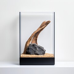 Large rock displayed in a glass case for educational or decorative purposes in a museum or gallery setting