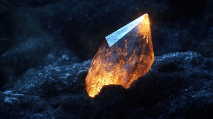 Wall Mural - Glowing Amber Crystal on Dark Surface with Mystical Glow Effects