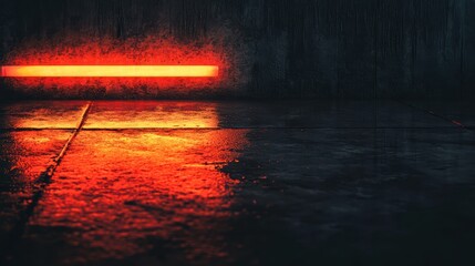 Wall Mural - Red Neon Light Reflection on Wet Concrete Floor in Dark Scene