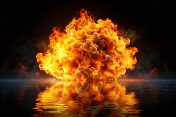 Poster - Fiery Explosion with Water Reflection: Dramatic Burn Flame Overlay on Black Background