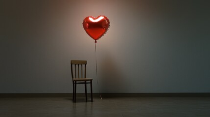 A lonely chair in an empty room with a red heart-shaped balloon, symbolizing love and solitude.