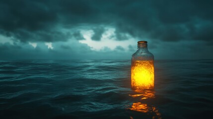 Wall Mural - Glowing Bottle in the Ocean Under Dark Sky with Dramatic Clouds