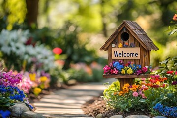 A charming birdhouse shaped garden sign