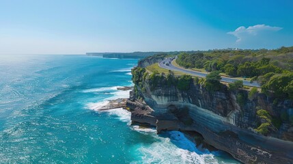 Poster - Scenic coastal road winding along a dramatic cliff face overlooking turquoise ocean waves. (1)