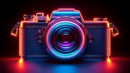 Neon Camera:  A classic film camera shines with a vibrant neon glow, creating a futuristic and stylish aesthetic. The camera's sleek design and glowing lights evoke a sense of creativity, innovation.