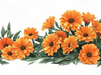 Wall Mural - a vibrant illustration of a bed of bright orange daisies with green leaves on a white background. The flowers are depicted in a stylized, artistic manner, giving the image a cheerful appearance.