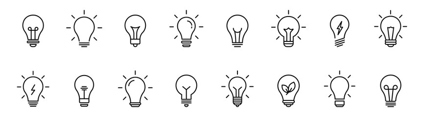lightbulb icon set. light bulb linear icon. idea and creativity symbol. electric lamp, electricity, 