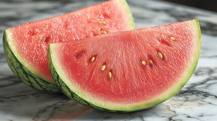 Watermelon Slices: Two juicy watermelon slices, their vibrant red flesh glistening with a hint of sweetness, invite you to indulge in a refreshing summer treat.  