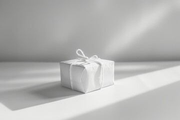 Minimalistic gift box with tied string in soft light on neutral background