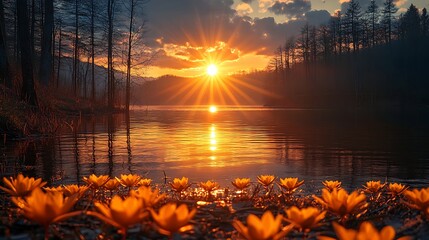 Wall Mural - Golden Hour on the Lake: A breathtaking sunrise paints the sky with vibrant hues of orange and yellow, illuminating a tranquil lake surrounded by a lush forest.