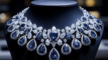 Sapphire Dreams: A stunning sapphire and diamond necklace glistens in a display case, its teardrop-shaped stones catching the light and reflecting a myriad of colours.