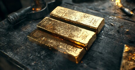 Gleaming Gold Bars on Rustic Wooden Surface with Warm Light and Industrial Tools in Background