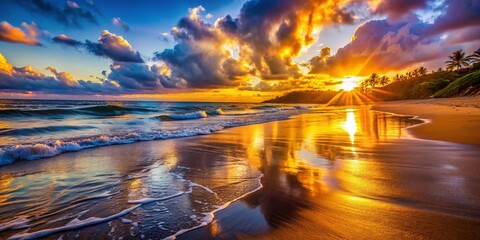 Wall Mural - Golden Hour Beach Sunset: Sunlit Sand, Waves Crashing on Shore