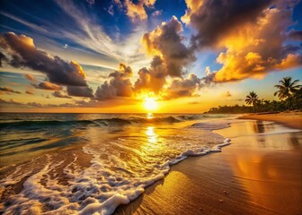 Wall Mural - Golden Sunset Tropical Beach Ocean Waves High Resolution Stock Photo