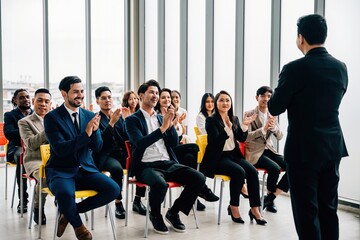 Wall Mural - Success celebration Business professionals cheer and clap hands in an office environment, recognizing the achievement of a new product. Teamwork, motivation, and collaboration at their best.