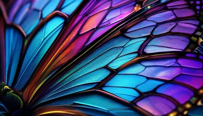 Wall Mural - abstract close up of a butterfly wing with vibrant blue and purple stained glass like patterns ideal