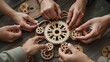 © jamal - teamwork in action - group of people meticulously assembling gears on a table, epitomizing the collaborative effort in project realization, optimized for 16:9 HD and social media usage. Ai generated