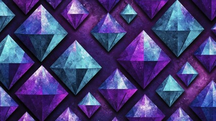 Wall Mural - Digital artwork with a repeating pattern of stylized, faceted gemstones on a textured purple background