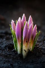 Wall Mural - Gentle lavender crocus bloom surrounded by fresh dew emerging from thawing soil under soft morning light