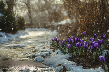 Wall Mural - Gentle lavender crocus bloom surrounded by fresh dew emerging from thawing soil under soft morning light