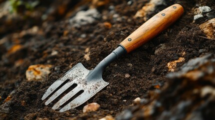 Wall Mural - Gardening tools, soil closeup, farm equipment, organic garden, planting tools, perfect for agriculture, gardening, and outdoor themes.