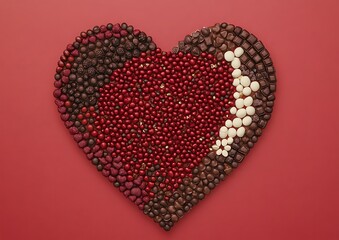 Wall Mural - Heart-shaped arrangement of assorted chocolates on red background.