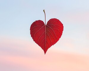 Wall Mural - Heart-shaped red leaf against a pastel sky.