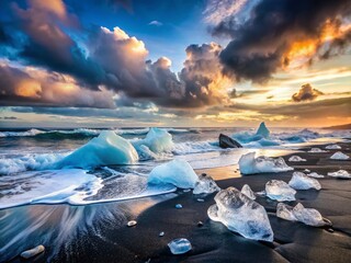 Poster - Iceland's Black Sand Beach, Diamond Beach, Jokulsarlon Glacier Lagoon: Dramatic Coastal Landscape