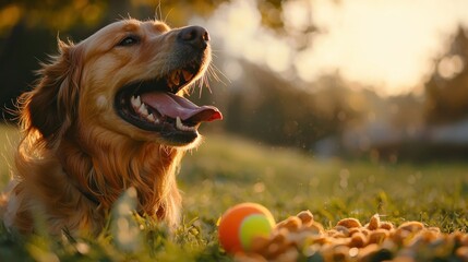 Wall Mural - golden retriever joyfully running on a grassy field at sunset chasing a tennis ball