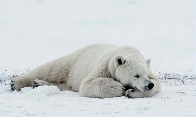 Wall Mural - cozy polar bear resting peacefully on snowy landscape: wildlife in its natural habitat