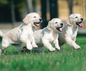 Wall Mural - a group of golden retriever puppies runs energetically through a grassy field, their fluffy coats bo