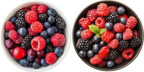 Wall Mural - Top view Bowl of mixed berries isolated on transparent background, raspberries, blackberries, and blueberries, viewed from above