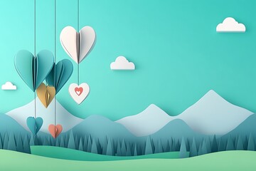 Poster - Paper hearts hanging against a serene mountain landscape.