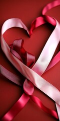 Wall Mural - Pink and red ribbons forming a heart shape on a red background.