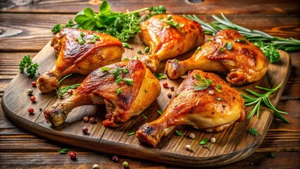 Canvas Print - Juicy Roasted Chicken Quarters, Herb Seasoning, Rustic Wooden Board