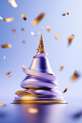 Canvas Print - buddhist pagoda temple shape. Abstract purple and gold sculpture. Festive confetti. Minimalist art.