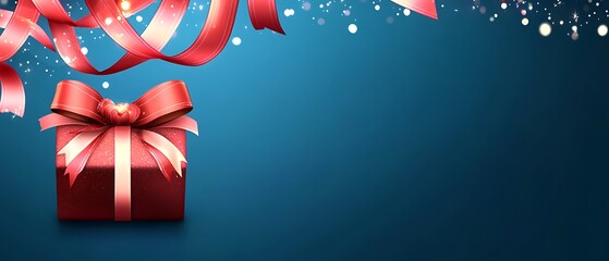 Wall Mural - Red gift box with ribbon on blue background.