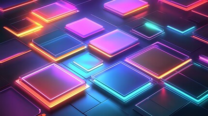 Wall Mural - abstract glowing led panels arranged in a geometric pattern, with vibrant neon hues and soft shadows