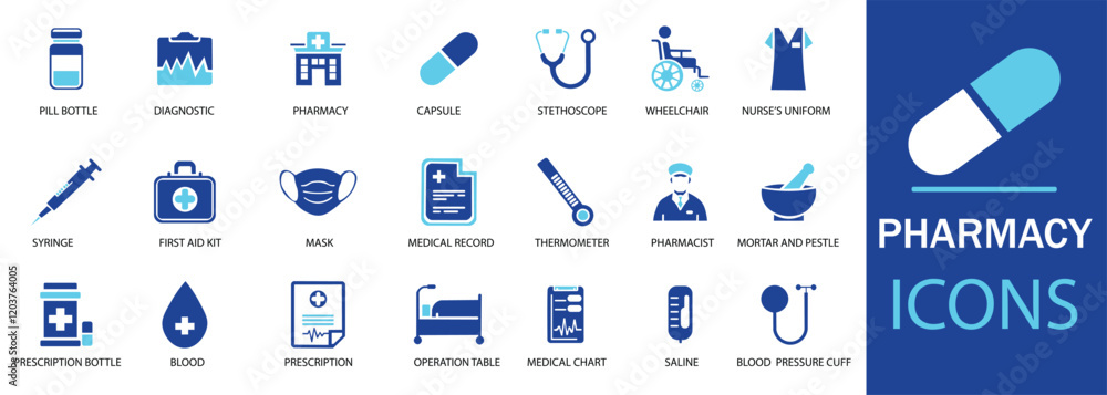 Pharmacy icon set. Featuring detailed illustrations of Medicine ...