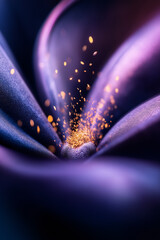 Canvas Print - Abstract close-up of a dark purple, almost black, flower with golden particles emanating from its center. Deep, moody colors and soft focus.